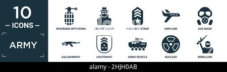 filled army icon set. contain flat whizbang with rong, secret agent, shoulder strap, airplane, gas mask, kalashnikov, lieutenant, armo vehicle, nuclea Stock Vector