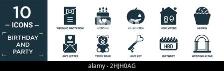 filled birthday and party icon set. contain flat wedding invitation, wedding, halloween, newlyweds, muffin, love letter, teddy bear, love key, birthda Stock Vector