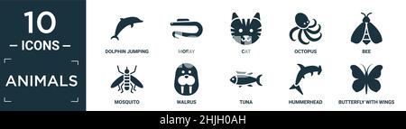 filled animals icon set. contain flat dolphin jumping, moray, cat, octopus, bee, mosquito, walrus, tuna, hummerhead, butterfly with wings icons in edi Stock Vector
