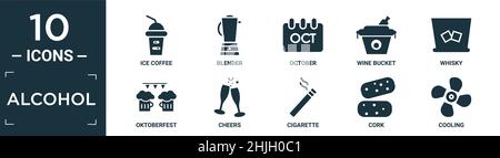 filled alcohol icon set. contain flat ice coffee, blender, october, wine bucket, whisky, oktoberfest, cheers, cigarette, cork, cooling icons in editab Stock Vector