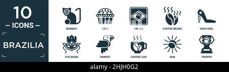 filled brazilia icon set. contain flat monkey, cake, brazil, coffee beans, high heel, eye mask, parrot, coffee cup, sun, trophy icons in editable form Stock Vector