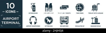 filled airport terminal icon set. contain flat extinguisher, lifesaver best, two plane tickets, time zones, trolley with luggage, airport headphones, Stock Vector