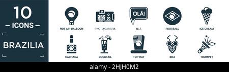 filled brazilia icon set. contain flat hot air balloon, photo camera, olá, football, ice cream, cachaca, cocktail, top hat, bra, trumpet icons in edit Stock Vector