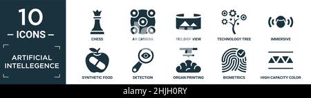 filled artificial intellegence icon set. contain flat chess, ar camera, field of view, technology tree, immersive, synthetic food, detection, organ pr Stock Vector