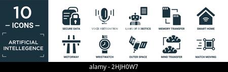 filled artificial intellegence icon set. contain flat secure data, voice recognition, laws of robotics, memory transfer, smart home, motorway, wristwa Stock Vector