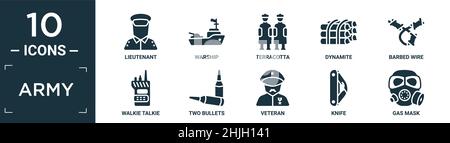 filled army icon set. contain flat lieutenant, warship, terracotta, dynamite, barbed wire, walkie talkie, two bullets, veteran, knife, gas mask icons Stock Vector