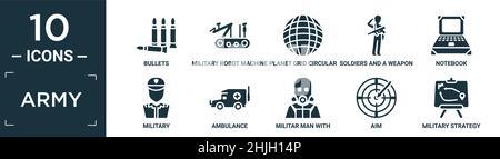 filled army icon set. contain flat bullets, military robot machine, planet grid circular, soldiers and a weapon, notebook, military, ambulance, milita Stock Vector