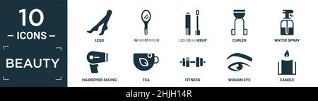 filled beauty icon set. contain flat legs, hand mirror, liquid makeup, curler, water spray, hairdryer facing left, tea, fitness, woman eye, candle ico Stock Vector