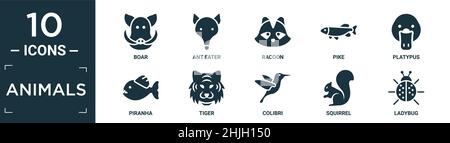 filled animals icon set. contain flat boar, ant eater, racoon, pike, platypus, piranha, tiger, colibri, squirrel, ladybug icons in editable format. Stock Vector
