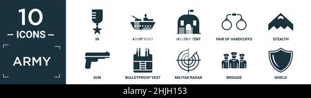 filled army icon set. contain flat in, army boat, militar tent, pair of handcuffs, stealth, gun, bulletproof vest, militar radar, brigade, shield icon Stock Vector