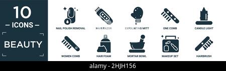filled beauty icon set. contain flat nail polish removal, hair razor, exfoliating mitt, one comb, candle light, women comb, hair foam, mortar bowl, ma Stock Vector