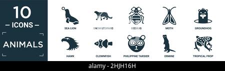 filled animals icon set. contain flat sea lion, snow leopard, bedbug, moth, groundhog, hawk, clownfish, philippine tarsier, ermine, tropical frop icon Stock Vector