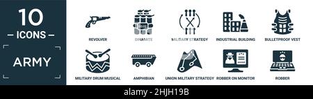 filled army icon set. contain flat revolver, dinamite, military strategy graphic, industrial building, bulletproof vest, military drum musical instrum Stock Vector