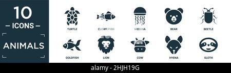 filled animals icon set. contain flat turtle, clown fish, medusa, bear, beetle, goldfish, lion, cow, hyena, sloth icons in editable format. Stock Vector