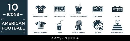 filled american football icon set. contain flat american football jersey, yard marking, hand with extended pointing finger, calendar, score, referee s Stock Vector