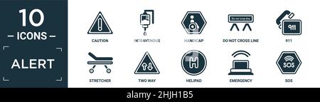 filled alert icon set. contain flat caution, intravenous, handicap, do not cross line, 911, stretcher, two way, helipad, emergency, sos icons in edita Stock Vector