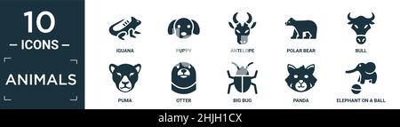 filled animals icon set. contain flat iguana, puppy, antelope, polar bear, bull, puma, otter, big bug, panda, elephant on a ball icons in editable for Stock Vector