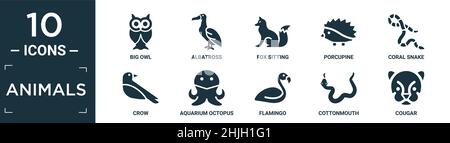 filled animals icon set. contain flat big owl, albatross, fox sitting, porcupine, coral snake, crow, aquarium octopus, flamingo, cottonmouth, cougar i Stock Vector
