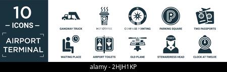 filled airport terminal icon set. contain flat gangway truck, hot coffee, compass pointing north east, parking square, two passports, waiting place, a Stock Vector