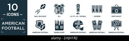 filled american football icon set. contain flat ball on flight, pad, american football, lockers, first aid kit, american football team emblem, padded Stock Vector