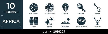 filled africa icon set. contain flat south africa, algerian dinar, african, maraca, banjo, conga, desert, pyramids, rwandan franc, pendant icons in ed Stock Vector