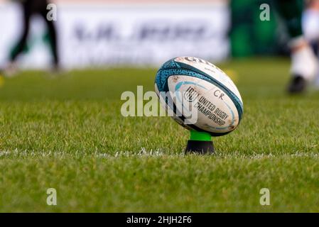 Galway, Ireland. 29th Jan, 2022. The official ball during the United Rugby Championship Round 11 match between Connacht Rugby and Glasgow Warriors at the Sportsground in Galway, Ireland on January 29, 2022 (Photo by Andrew SURMA/ Credit: Sipa USA/Alamy Live News Stock Photo