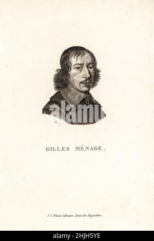 Portrait of Gilles Menage, French scholar, 1613-1692. Copperplate engraving by AD after Bernard Vaillant from Marie de Rabutin-Chantal Sevigne’s Collection des Vingt Portraits du Siecle de Louis XIV, Collection of 20 Portraits of the century of King Louis XIV, J.J. Blaise, Libraire, Quai des Augustins, Paris, 1818. Stock Photo