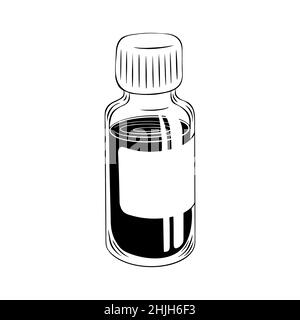 Glass medicine bottle with liquid mixture inside. Vintage sketchy jar with empty label isolated on white background. Vector illustration. Stock Vector