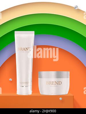 Jar and tube of cosmetic cream ads banner. Multi color layered paper background. Stock Vector