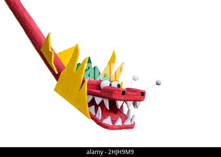 Chinese New Year Decoration--Closeup of colorful red, yellow and green wooden Dragon.. Copy space. Stock Photo