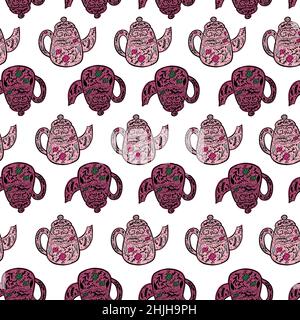 Vintage teapots seamless pattern. Background of teatime in hand drawn style. Repeated texture in doodle style for fabric, wrapping paper, wallpaper, t Stock Vector