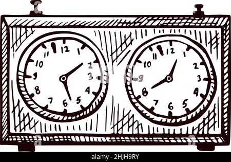 Chess clock sketch isolated. Retro watch for chess game in hand drawn style. Engraved design for poster, print, book illustration, logo, icon, tattoo. Stock Vector
