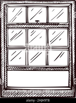 Opened window upward sketch isolated. Retro element inside wall in hand drawn style. Engraved design for poster, print, book illustration, logo, icon, Stock Vector