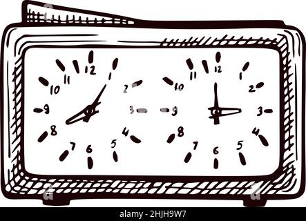 Chess clock sketch isolated. Retro watch for chess game in hand drawn style. Engraved design for poster, print, book illustration, logo, icon, tattoo. Stock Vector
