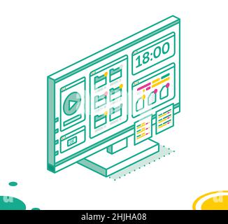 Isometric PC Computer Monoblock with Media Player, Folders and Two Stickers. Outline Monitor Isolated on White Background. Vector Illustration. Stock Vector