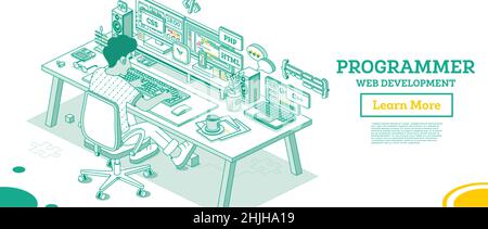 Programmer. Frontend or Backend Developer Sit on Chair with Wheels in Front of Two Monitors with Code. Html, Css, Php, C++ Programming Code. Stock Vector