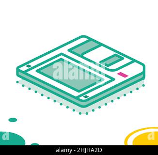 Isometric Floppy Disk. Vector Illustration. Outline Style. Diskette Isolated on White Background. Retro Electronic Storage Device. Stock Vector