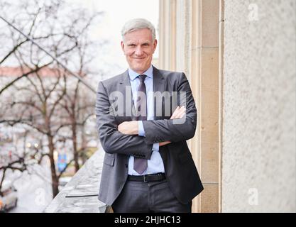 Berlin, Germany. 26th Jan, 2022. Stephan Schwarz (non-partisan), Senator for Economics, Energy and Operations of the State of Berlin, stands on the balcony in the Senate Economic Administration. Credit: Annette Riedl/dpa/Alamy Live News Stock Photo