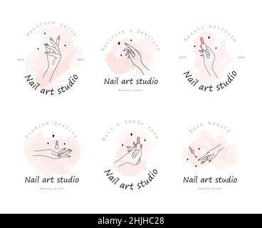 Vector logo template for nail art studio. Modern design for manicure and pedicure salon, beauty and spa center. Linear illustration isolated on pink Stock Vector