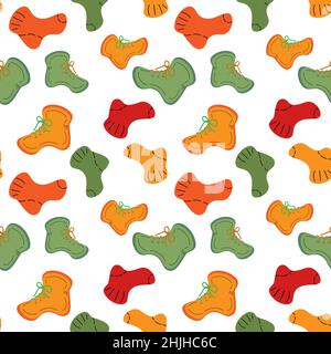 Bright seamless pattern with the image of warm bright colorfull socks and offseason boots. Vector repeat texture. Abstract background. Vector illustration. Stock Vector