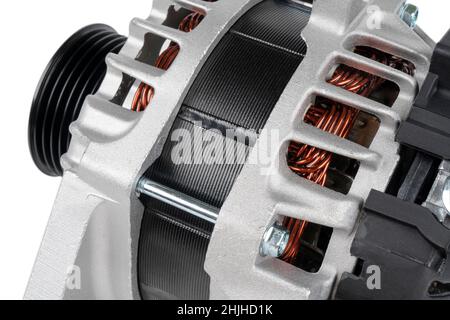 Power generator isolated on white background. New car generator with the shaft. Automotive power generating alternator. Quality spare parts for car se Stock Photo