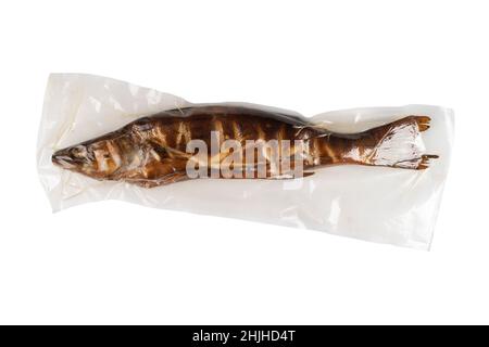 Vacuum packaged smoked fish isolated on white background. Stock Photo