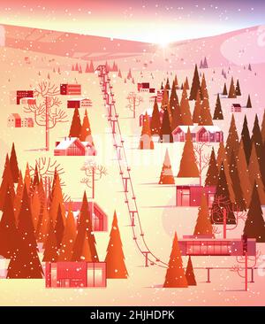 cableway in snowy mountains residential houses area ski resort christmas new year holidays celebration winter vacation Stock Vector