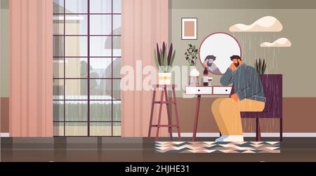 unhappy depressed man looking at mirror guy feeling desperate mental health diseases depression stress concept Stock Vector