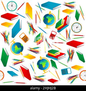 Seamless pattern with pencils, books and various school supplies on a white background Stock Vector