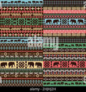 Colorful african patterns with elephants silhouettes Stock Vector