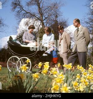 File photo dated 21/04/65 of (left to right) Queen Elizabeth II, baby Prince Edward, Princess Anne, Prince Andrew, Prince Charles and the Duke of Edinburgh, in the gardens of Frogmore House, Windsor, Berkshire, as they celebrate the Queen's 39th birthday. Issue date: Sunday January 30, 2022. Stock Photo