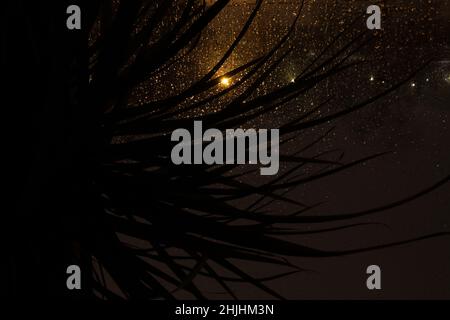 The storm outside is over, the night blackness is taking over the sky. Raindrops falling on the window glass resemble millions of stars, while lantern Stock Photo
