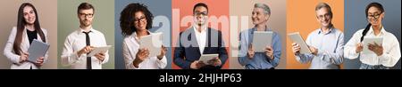 Online Banking. Portraits of different business people with digital tablets, creative collage Stock Photo
