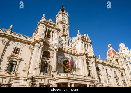 Valencia, Spain. January 28, 2022. Low angle view of Valencia local government building city town hall Stock Photo